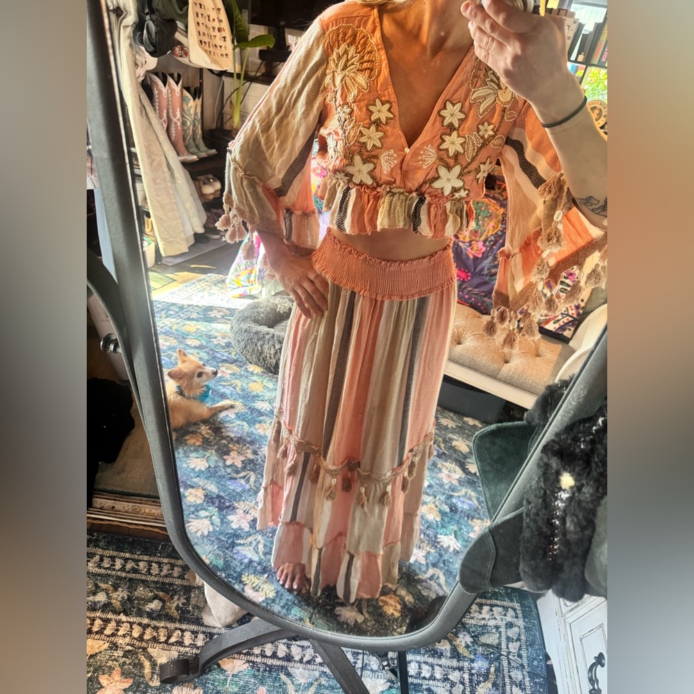 Y2K Tropical Papa Pia Boho Peach & Cream Tiered Top and Maxi Skirt Set